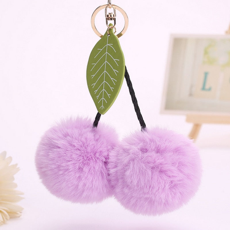 Faux Fur Pompom Cherry Keychain