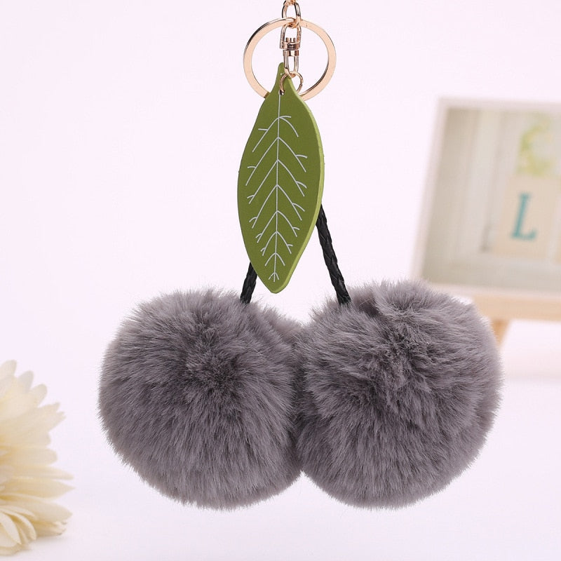 Faux Fur Pompom Cherry Keychain