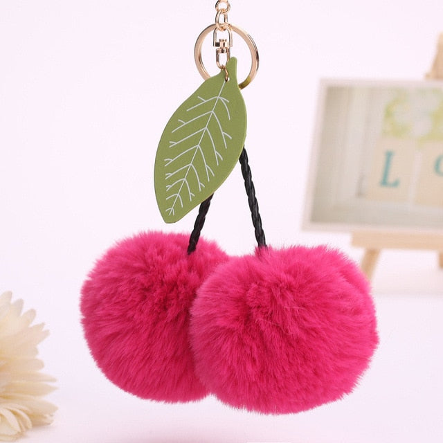 Faux Fur Pompom Cherry Keychain