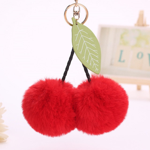 Faux Fur Pompom Cherry Keychain