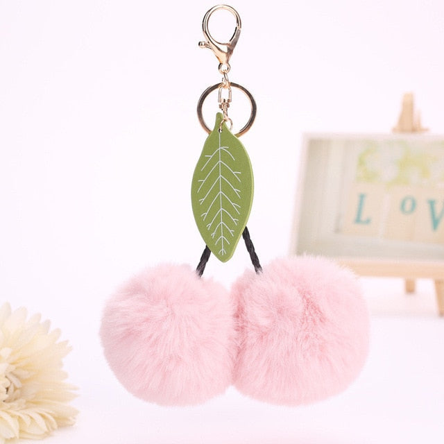 Faux Fur Pompom Cherry Keychain
