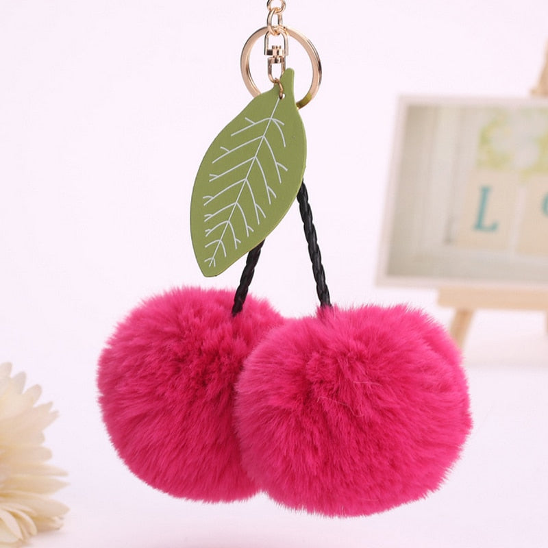 Faux Fur Pompom Cherry Keychain