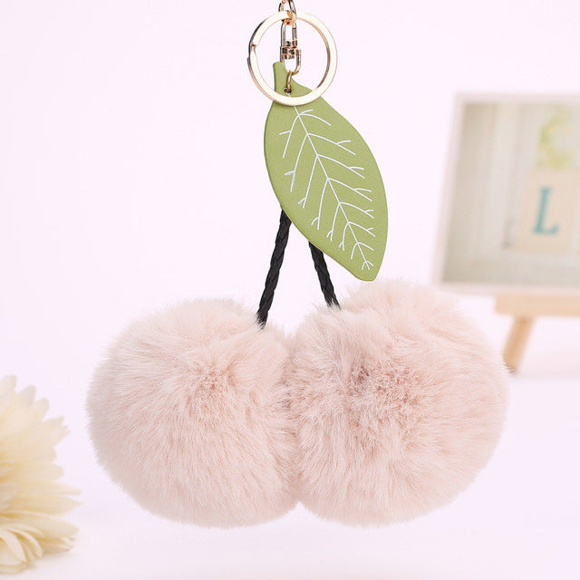 Faux Fur Pompom Cherry Keychain