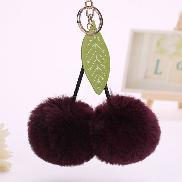 Faux Fur Pompom Cherry Keychain