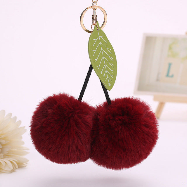 Faux Fur Pompom Cherry Keychain