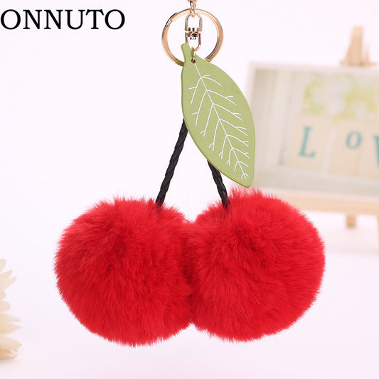 Faux Fur Pompom Cherry Keychain