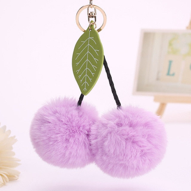 Faux Fur Pompom Cherry Keychain